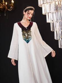 Al Najma Ladies' Sequined Patchwork A-Line Turkish Long Robe Eid Dress Kaftan Jalabiya Dress - White - View 6