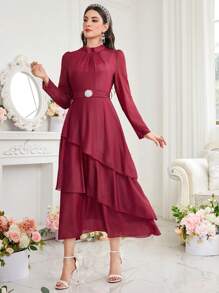 Modelyn Váy nữ màu đỏ tía cổ đứng tay bồng và cạp chun - Màu Đỏ Sâu - Xem 3