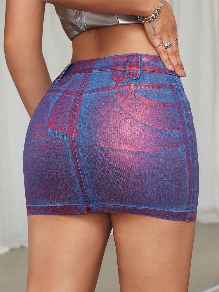 Women's Street Style High Waist Metallic Texture Bodycon Stretchy Mini Denim Skirt