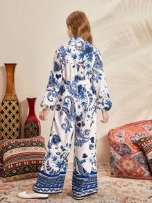 SHEIN Tween Girl Plants Pattern Collar Shirt Jumpsuit - White - View 4