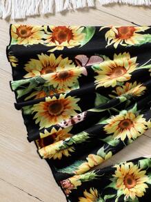 SHEIN Leap Crew Young Girl Knitted Flower Pattern Round Neck Loose Top And Knitted Flared Pants Set - Yellow - View 5