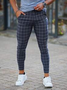 Men Grid Print Slant Pocket Skinny Trousers - Navy Blue - View 1