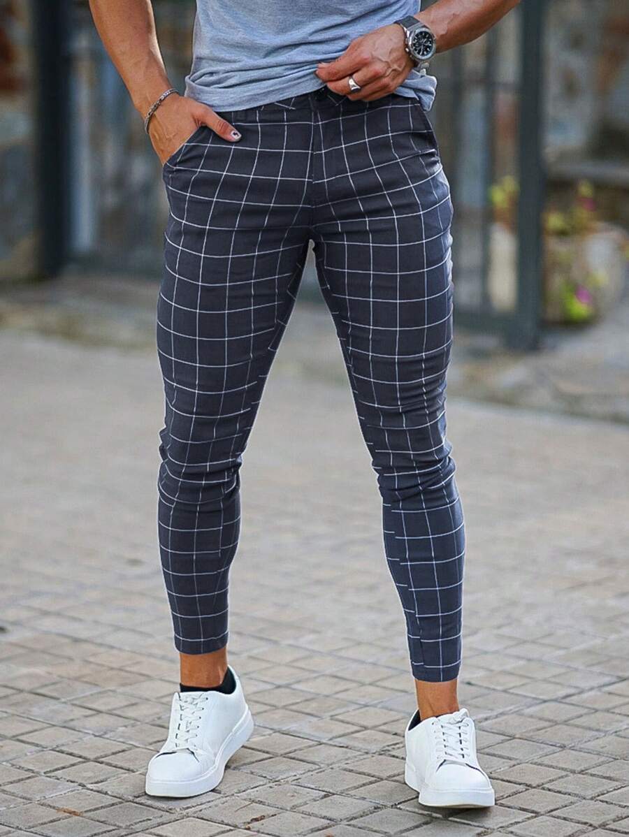 Men Grid Print Slant Pocket Skinny Trousers - Navy Blue - View 1