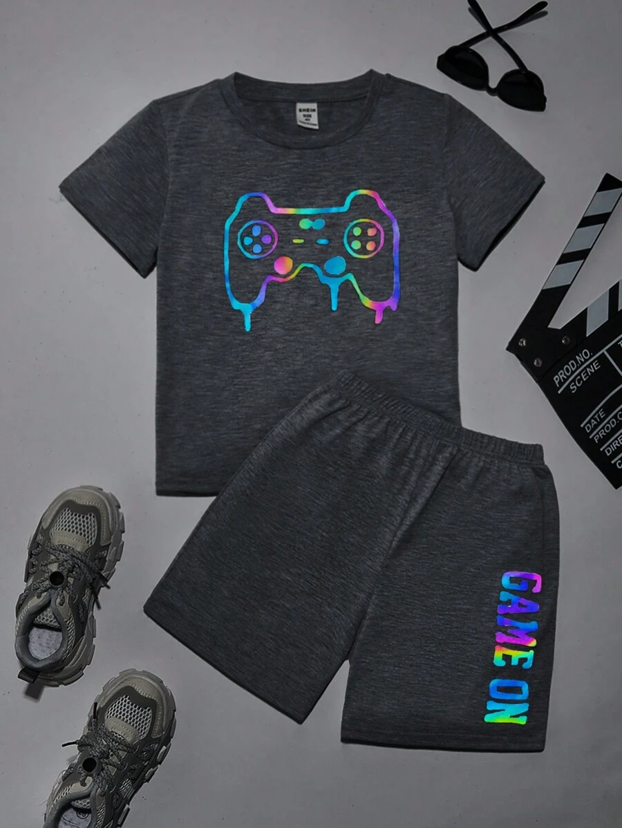 SHEIN Young Boy's 2pcs/Set Casual Outfits, Featuring 3m Reflective Prints Of Gamepad Design - Light Grey - View 1