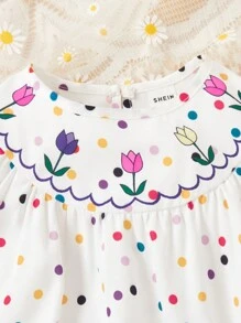 SHEIN Playful Pals 時尚的嬰兒女孩圓點和花卉印花蓋袖連身衣 - 白色 - 查看 4