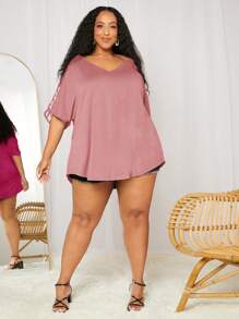 SHEIN CURVE+ Kích thước lớn Của phụ nữ Lỏng lẻo phù hợp Xu hướng: Cắt giảm Nửa tay Áo thun - Bụi hồng - Xem 4