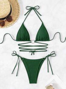 SHEIN Swim 夏季沙灘心型扣環連接交叉綁帶設計後背頸式嘉年華女士比基尼套裝 - 墨綠色 - 查看 4