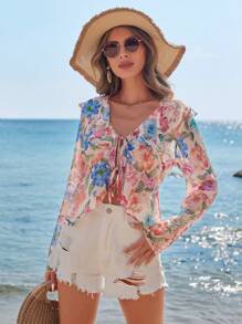 SHEIN VCAY Của phụ nữ In hoa Tay áo dài Áo sơ mi Với Ruffled Vòng cổ - Nhiều màu - Xem 1