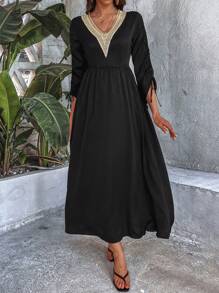 Breezaya Của phụ nữ Ren Vá lại Đàn hồi Cổ tay áo Eo dây rút Đầm - màu đen - Xem 7