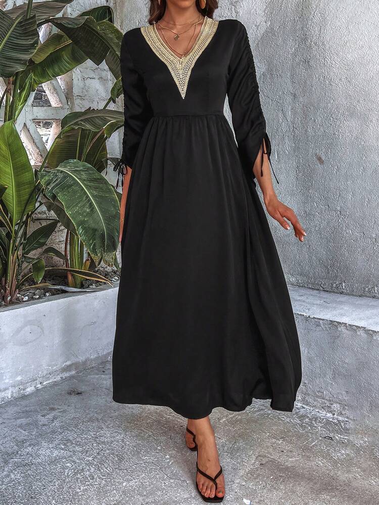 Women's Lace Patchwork Elastic Cuff Drawstring Waist Dress