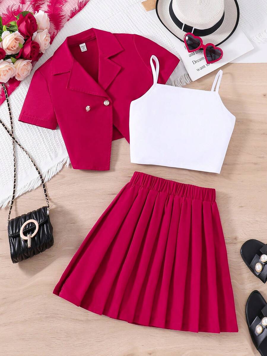 SHEIN Tween Girls' Solid Color Camisole Top, Jacket And Pleated Skirt - Burgundy - View 1