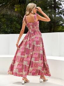 SHEIN VCAY Váy hè không tay in họa tiết ghép nối cho nữ có chi tiết thắt nút ở vai - Nhiều màu - Xem 2