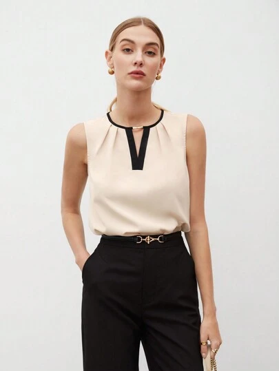 BizChic Camiseta sin mangas con detalle de pliegues y ribete de contraste para mujer, blusa formal elegante para el transporte urbano, uso casual de negocios