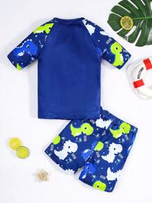 SHEIN Young Boy Combination Leisure Round Neck Dinosaur Pattern Two Pieces Swimsuit - Blue - View 2