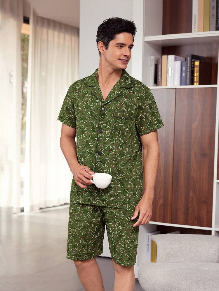 Men's Dark Green Animal Print Regular Sleeve Collar Pajama Set Gentleman Loungewear