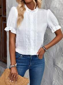 SHEIN LUNE 女士實色蕾絲拼接襯衫 - 白色 - 查看 4