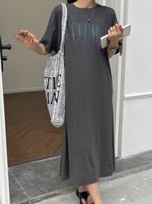 DAZY 女式字母印花短袖连衣裙太阳裙，休闲女装 - 深灰色 - 查看 5