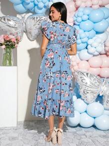 Loomaby 孕妇中长款花卉印花连衣裙，适合迎婴派对 - 藍色 - 查看 2