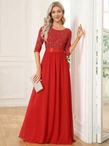 Contrast Color Sequin Corset Chiffon Formal Gown - Red - View 1