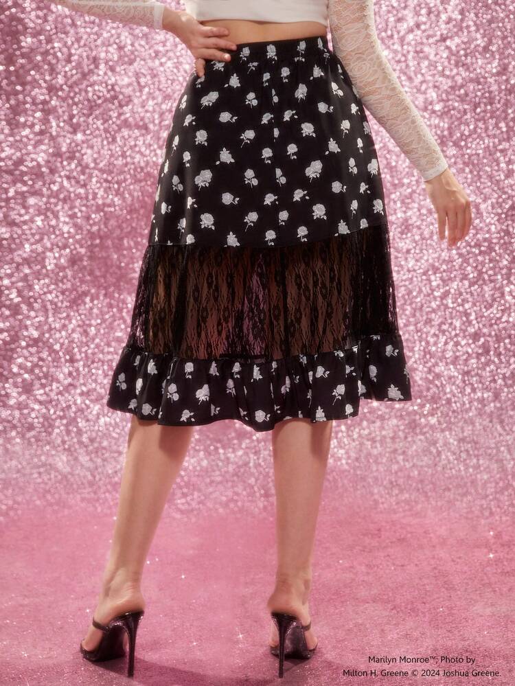 Floral Printed Contrast Lace Skirt