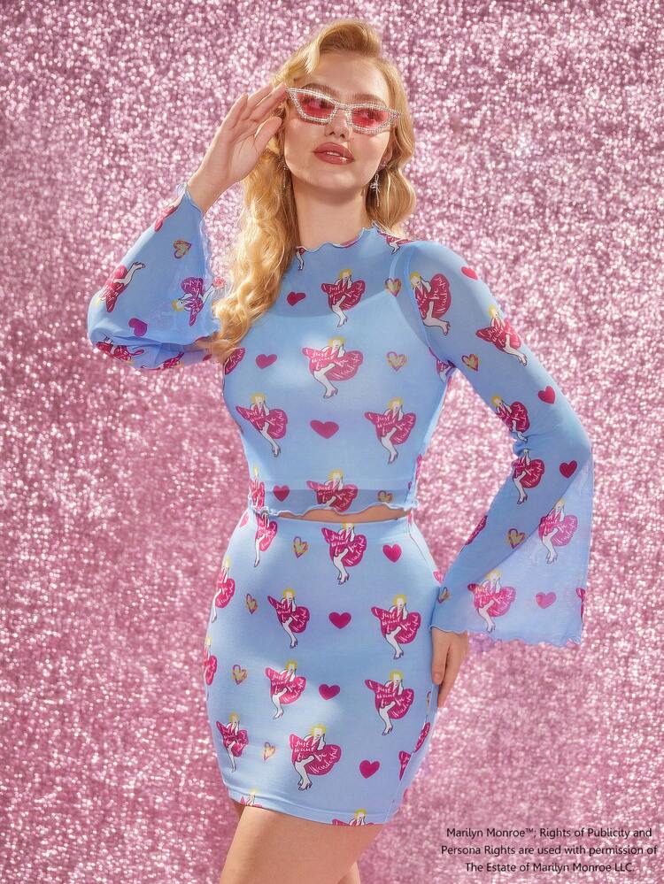 Character And Heart Print Flared Sleeve Lettuce Trim Two-Piece Set