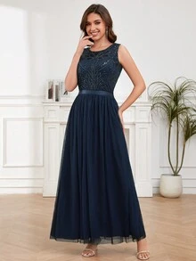Round Neck Navy Beaded Party  Dress Cocktail Dress - Navy Blue - View 6