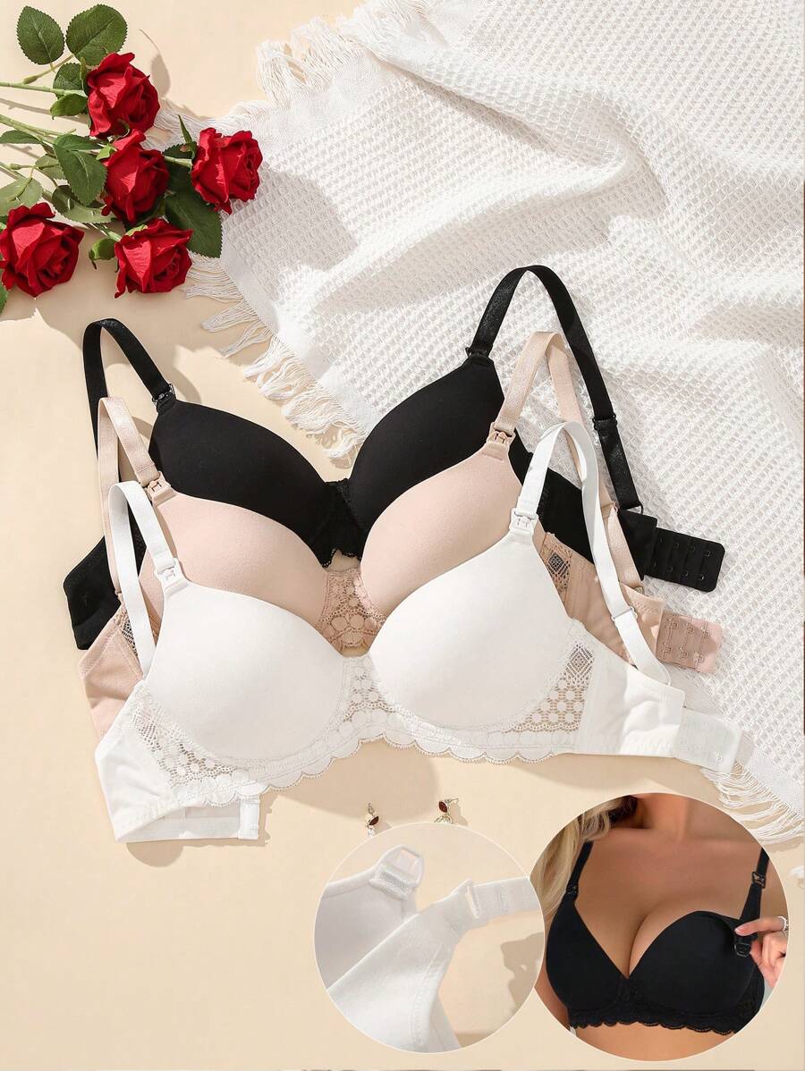 Moonlight&Mama Maternity Contrast Lace Bra Underwear, 3pcs/Set Lingerie Bra