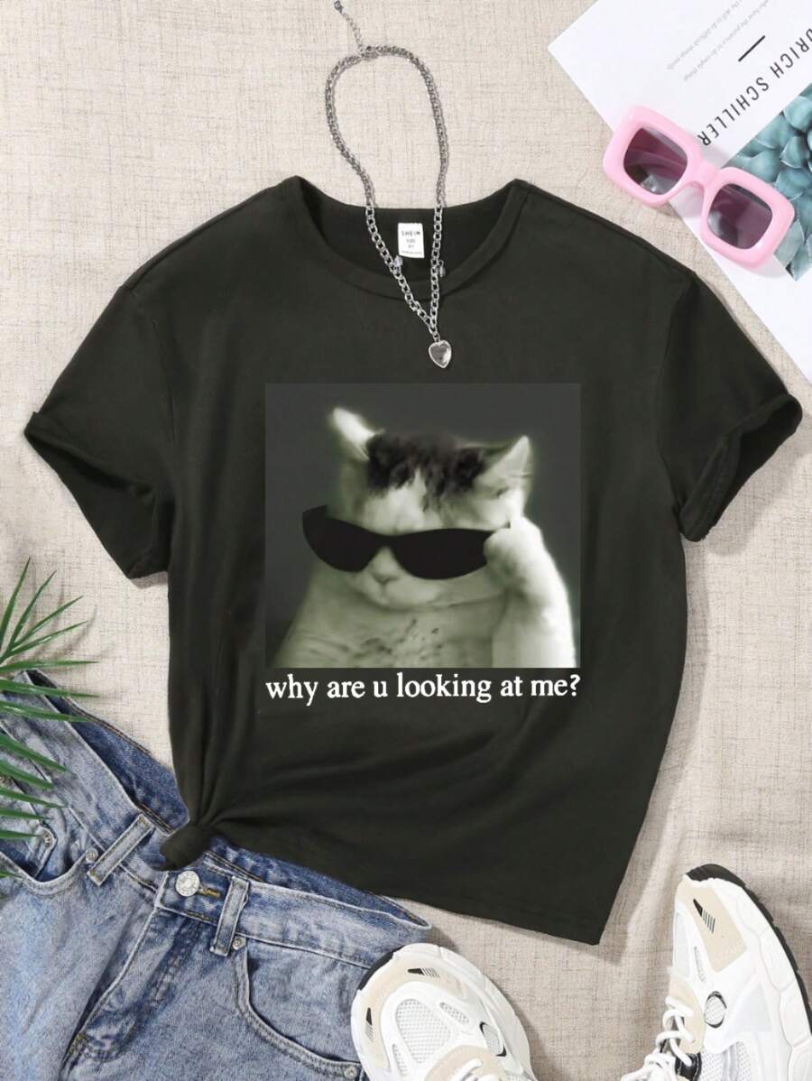 Teenage Girls' Cat & Slogan Print TShirt SHEIN USA