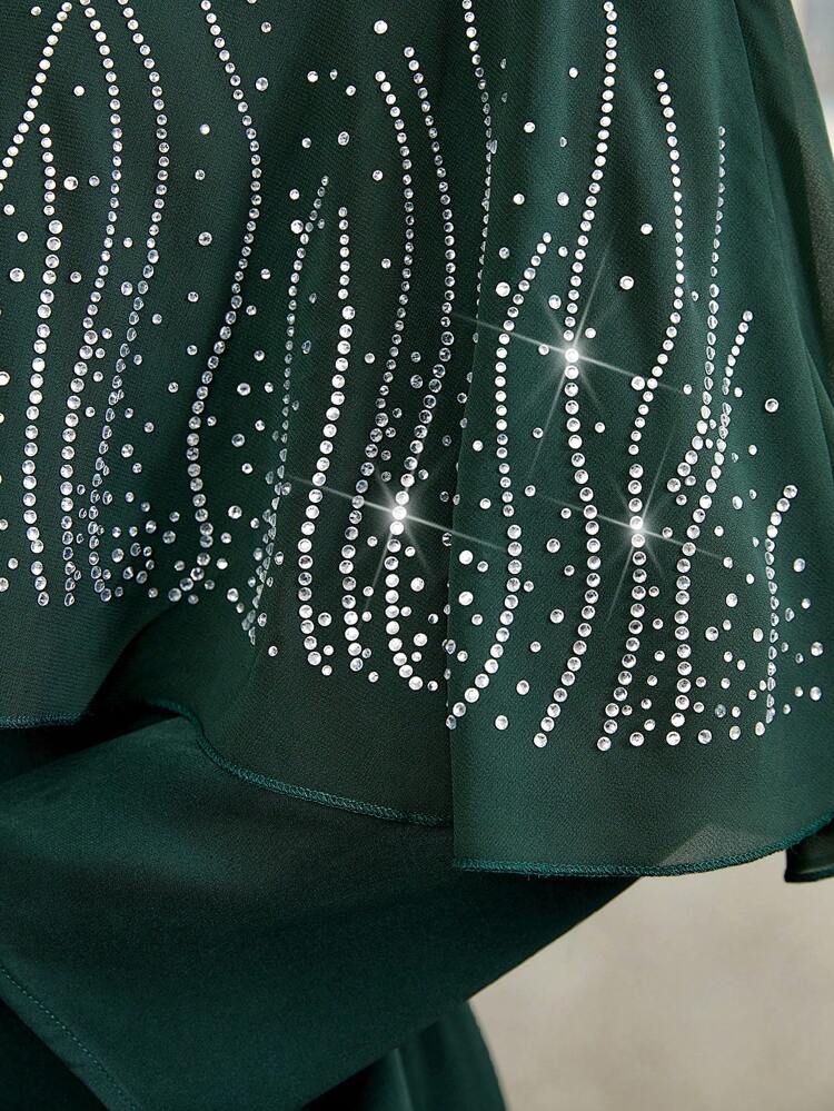 Rhinestone Applique Cape Style Dress, Elegant Evening Party Dress Long Evening Dresses