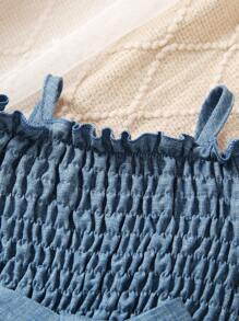 SHEIN Vintaside Kids 女婴优雅基本款牛仔效果褶皱柔软连体衣，露肩泡泡袖和折叠袖口