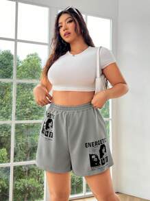 SHEIN EZwear Women's Plus Size Cartoon Slogan Print Shorts - Grey - View 6