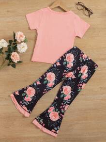 SHEIN Young Girl Slogan Graphic Tee And Floral Flared Leg Pants - Multicolor - View 2