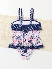 年輕女孩波點和花卉印花連體泳衣,拼接細節設計 - 彩色 - 查看 5