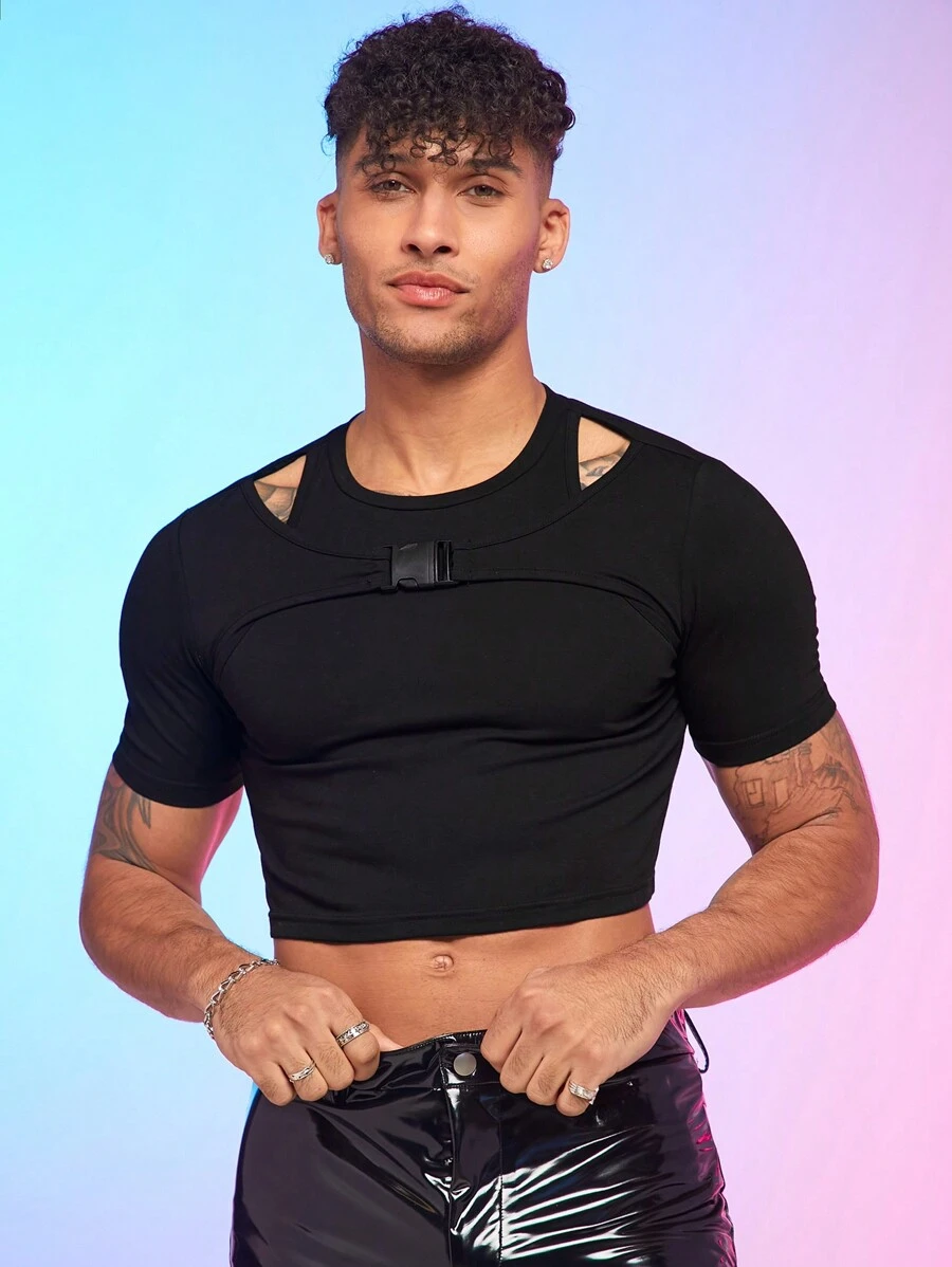 FeverCity Men's Solid Color Knitted Hollow Out Crop Top T-Shirt - Black - View 1