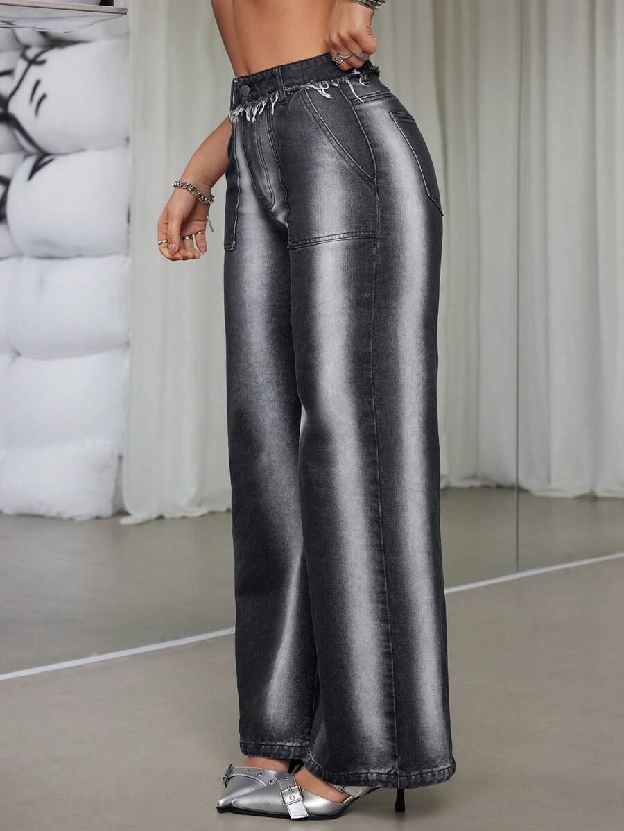 SHEIN ICON 女士撕邊洗水牛仔褲 - 黑色 - 查看 1