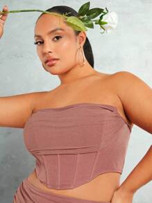 SHEIN BAE Plus Size Women's Metallic Mesh Cowl Collar Off-Shoulder Sleeveless Pink Bustier Crop Top And Long Skirt Set, For Summer - Dusty Pink - View 3