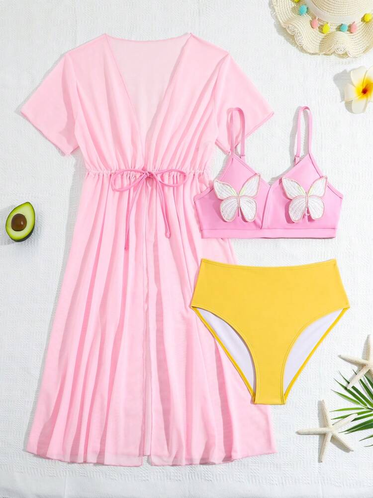 Teen Girl's 3d Butterfly Decorated Bikini Set With Drawstring Waist Kimono Cover Up Summer Beach