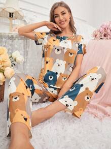 Women's Cute Bear Patterned Casual Pajama Set