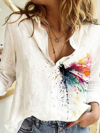 新款春夏女装时尚水彩蜻蜓印花休闲宽松长袖衬衫、长袖上衣