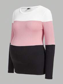 SHEIN Camiseta De Punto Acanalado Con Bloques De Color Para Maternidad - Multicolor - Ver 4