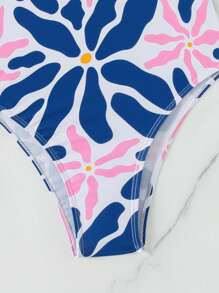 SHEIN Swim Summer Beach Ladies' One Shoulder Cut-Out Printed Swimsuit With Plant Pattern - Multicolor - View 5