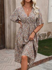 Breezaya Robe Ceinturée À La Taille Imprimée De Fleurs Mini Pour Femmes - Vieux Rose - Voir 6