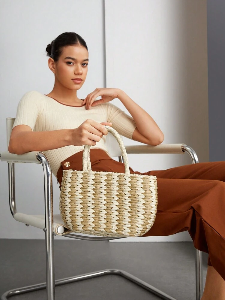 Versatile Women's Boho Color Block Handbag Straw Bag, For Vacation