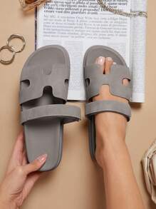 SHUZIA All-Time Women's Luxury-Inspired Hook And Loop Strap Cutout Round Toe Soft Footbed Flatform PU Elephant Grey Slide Sandals – Comfort & Versatile Summer Shoes Spring Shoes Spring Break Easter Vacation Shoes Casual Shoes Beach Shoes Mother's Day Present