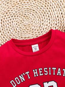 SHEIN Vestido De Manga Corta Con Cuello Redondo Y Eslogan De Números De Moda Urbana Para Uso Diario De Preadolescentes - Rojo - Ver 6