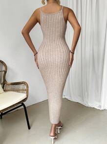 Chiquease Solid Ribbed Knitted Slim Fit Spaghetti Strap Dress - Apricot - View 2