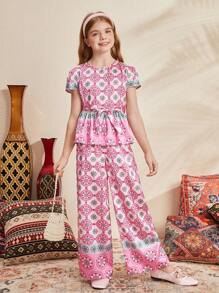 SHEIN Tween-Mädchen Lockeres, süßes Set aus Oberteil mit Rundhalsausschnitt und geometrischem Muster und Hose