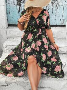 SHEIN Clasi Vestido Envolvente De Talla Grande Con Estampado Floral Y Mangas Cortas Acampanadas - Multicolor - Ver 4
