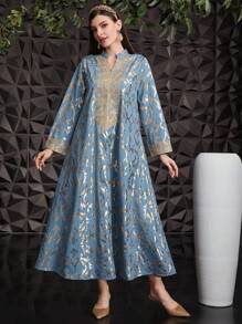 SHEIN Najma Women's Golden Print Floral Long Sleeve Arabian Dress, Modest Kaftan - Blue - View 8