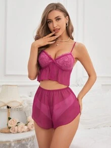 Conjunto De Pijama Corto De Color Puro Con Empalme De Encaje Para Mujer Con Tirantes Finos